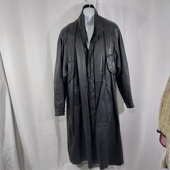 ANTONIO GIOVANNI! LUXE BLACK GENUINE LEATHER FULL LENGTH TRENCH COAT! SZ L - Picture 4 of 14